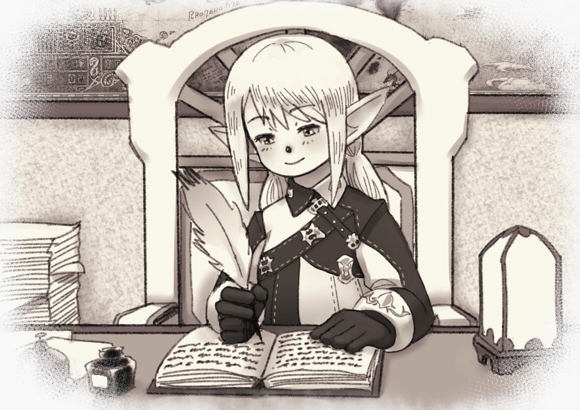 Mebibi journals peacefully at her desk, in the present day.