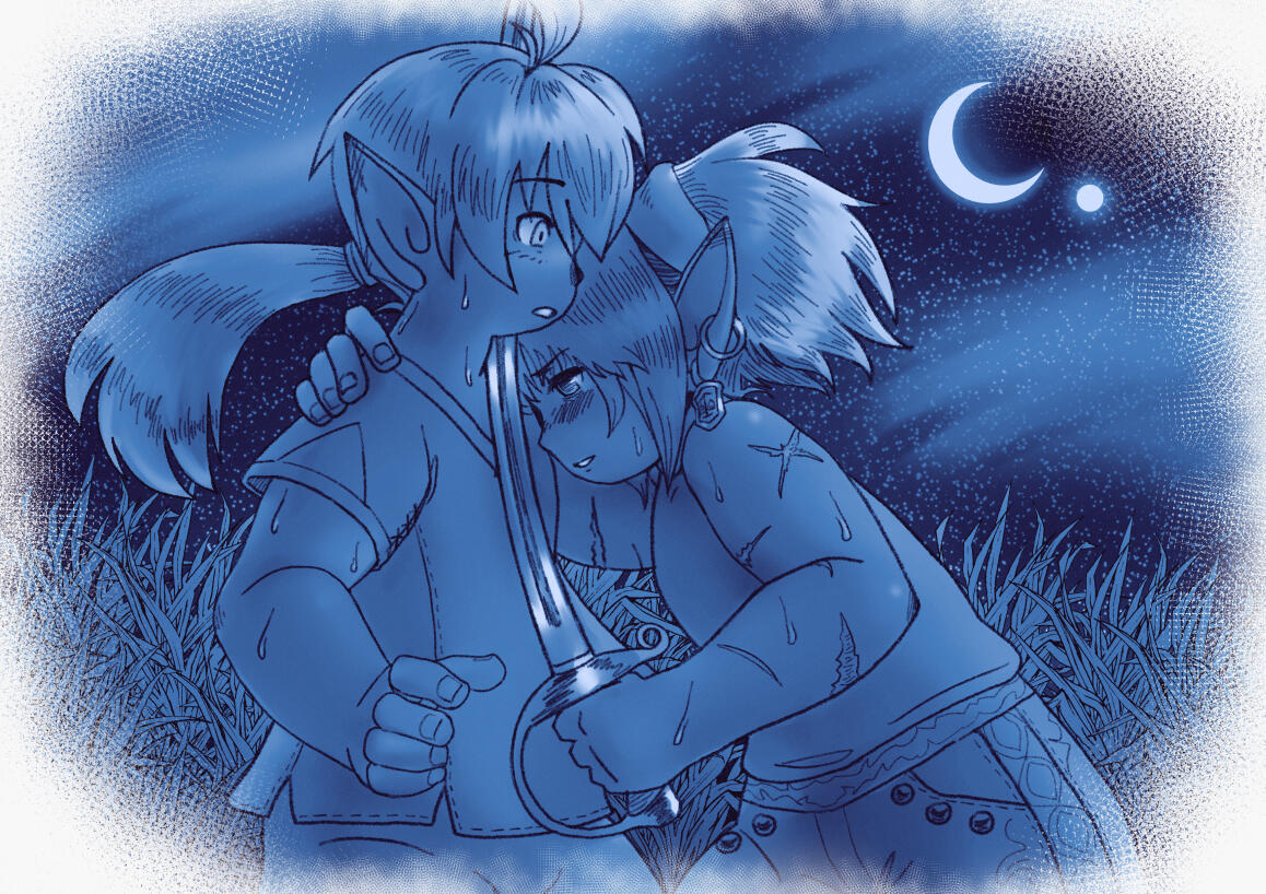 Mebi is stunned silent as his mother, leaning on him for support, rests her practice sword against his throat. The twin moons shine bright in the night sky.