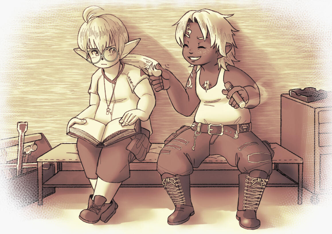 Mebi looks annoyed at his father as he plays with the tip of his ponytail. The two of them are sitting in a garage at dusk. Mebi is reading a book and his father is smoking a cigar with a shit-eating grin.